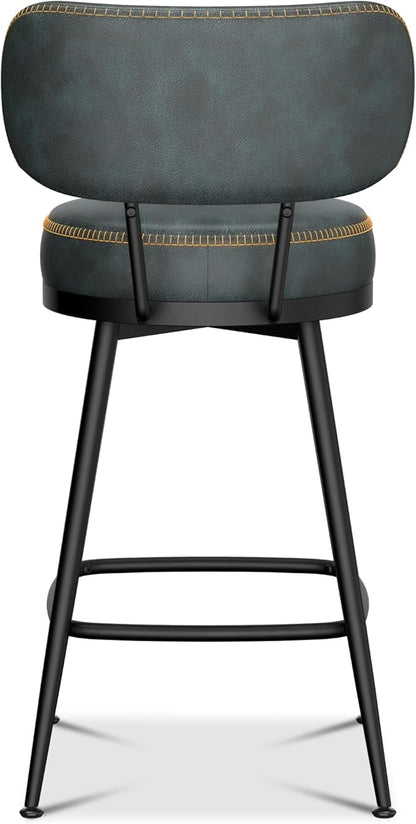 Counter Height Bar Stools, 26" H Swivel Barstools Set of 2, Faux Leather Kitchen Counter Stools with Back and Stylish Stitching, Metal Frame, Pub, Home Bar, Balck Green