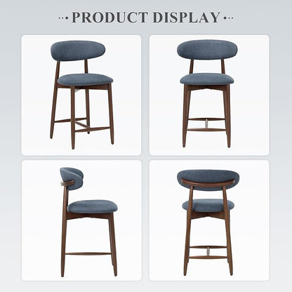Upholstered Counter Height Bar Stools Set of 2, Modern Kitchen Island Barstools Chairs with Back and Wood Legs for Dining Room Bar, Blue