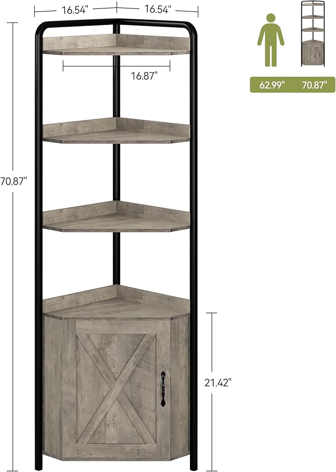 IDEALHOUSE 70.9 Inch Corner Cabinet 5-Tier Tall Corner Cabinet Farmhouse Bookshelves Rustic Storage Rack Industrial Bookcase Plant Stand for Living Room, Bedroom, Home Office, Kitchen