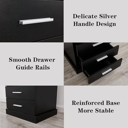 Black LED Nightstand with Charging Station, Side Table with 3 Drawers and Light, End Table with Open Storage, Beside Cabinet for Bedroom (Black)