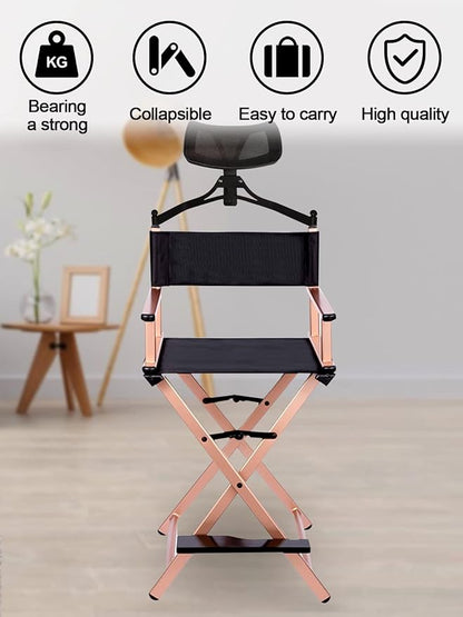Lorvain Folable Makeup Artist Stool Chair, Protable Tall Folding Directors Chair, Aluminum Makeup Chair with Head Rest for Studio Salon Vanity, Bar Height - Gold Chair