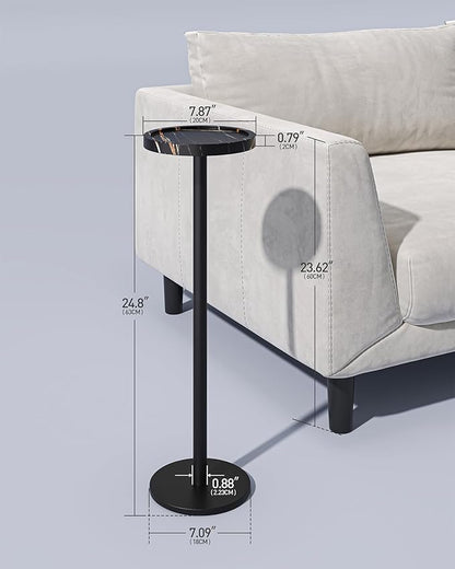 Drink Table, Small Pedestal Side Table, Round Cocktail Table, Circle End Table with Metal Base, for Small Spaces, Faux Marble, Black