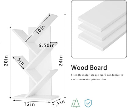 5 Tier Tree Book Shelf, Small Desktop Bookshelf with Storage Organizer, Wood Bookcase, Desk Display Bookshelves, Floor Standing Organizer Bookcases for Living Room,Bedroom,Office-White