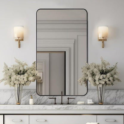 Black Mirrors for Bathroom, 24"x40" Rounded Corner Rectangle Mirror, Modern Metal Frame Bathroom Vanity Mirror for Home Decor Living Room Entryway (Horizontal/Vertical)
