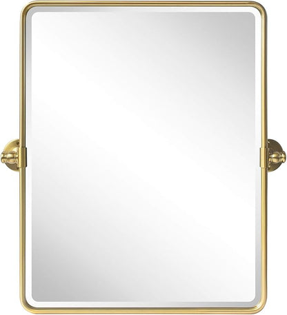 TEHOME 20 x 24 inch Farmhouse Gold Metal Framed Pivot Rectangle Bathroom Mirror Rounded Rectangluar Tilting Beveled Vanity Mirrors for Wall