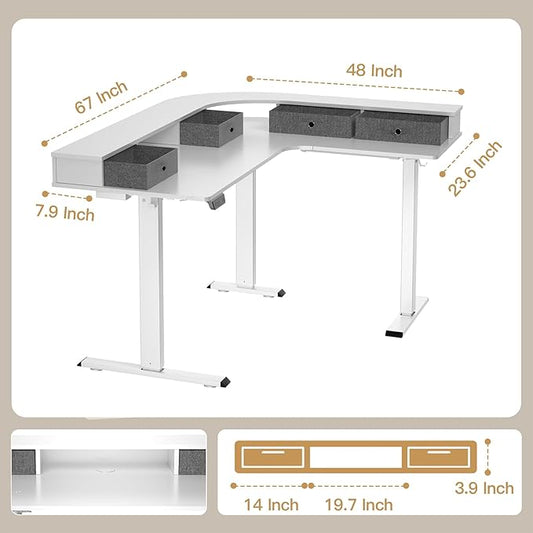 67" L Shaped Standing Desk, Electric Height Adjustable Corner Table with Drawers, Modern Standing Gaming Desk with Monitor Stand for Home Office Entertainment, Snow White