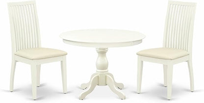 East West Furniture HBIP3-LWH-C 3 Piece Dinette Set for Small Spaces Contains a Round Dining Table with Pedestal and 2 Linen Fabric Upholstered Dining Chairs, 42x42 Inch, Linen White