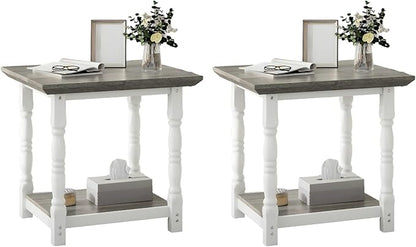 DWVO Farmhouse Square Coffee Table Set of 2, Antique Accent Side Table with Floor Shelf, 23.6"x 23.6" Living Room Furniture, Vintage Ivory & White