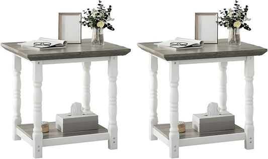 DWVO Farmhouse Square Coffee Table Set of 2, Antique Accent Side Table with Floor Shelf, 23.6"x 23.6" Living Room Furniture, Vintage Ivory & White