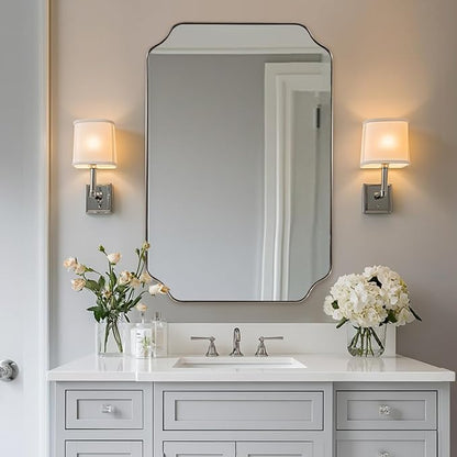 ANDY STAR 26x38 Inch Mirror for Bathroom, Brushed Nickel Scalloped Rectangle Mirror, Silver Bathroom Vanity Mirror in Rust-Proof Stainless Steel 1" Frame, Modern Scalloped Edge Design