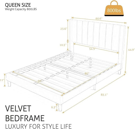 SHA CERLIN Queen Bed Frame/Velvet Upholstered Platform Bed Frame with Headboard/Strong Wood Slats Support/Mattress Foundation/No Box Spring Needed - Black