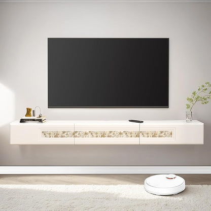 Pmnianhua Floating TV Stand with Mosaic Decor,Wall Mounted TV Console,Floating Entertainment Shelf with Door and Drawers for Bedroom Living Room(White)