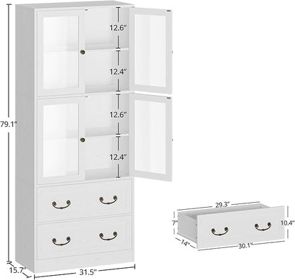 IRONCK Bookshelves and Bookcases, Bookshelf with 2 Drawers, 79.1" Inch Tall Bookshelf, 4 Tier Bookcase with Acrylic Doors, Large Storage Cabinet for Home Office, Living Room, Kitchen