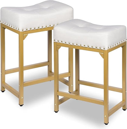 Bar Stools Set of 2, Counter Height Bar Stools for Kitchen Island, 24 Inch Modern White & Gold Saddle Backless Barstools, Counter Stool with Metal Base & Thick Saddle Seats(White+Gold)