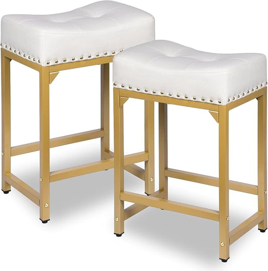 Bar Stools Set of 2, Counter Height Bar Stools for Kitchen Island, 24 Inch Modern White & Gold Saddle Backless Barstools, Counter Stool with Metal Base & Thick Saddle Seats(White+Gold)