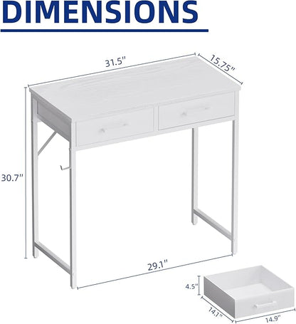 Pamray 32 Inch Small Computer Desk with 2 Drawers for Bedroom Study Writing Home Office Table for Small Spaces White