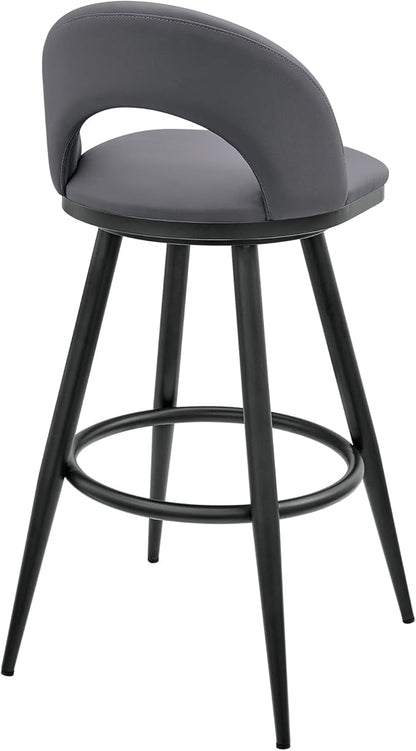 Armen Living Charlotte Swivel Bar Stool in Black Metal with Grey Faux Leather