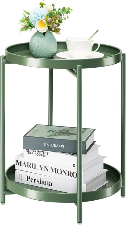 danpinera 2 Tier Metal Side Table with Removable Tray, Folding End Table Outdoor Small Accent Table, Anti-Rust Green Nightstand for Bedroom Balcony Patio, Set of 2 (Dark Green)