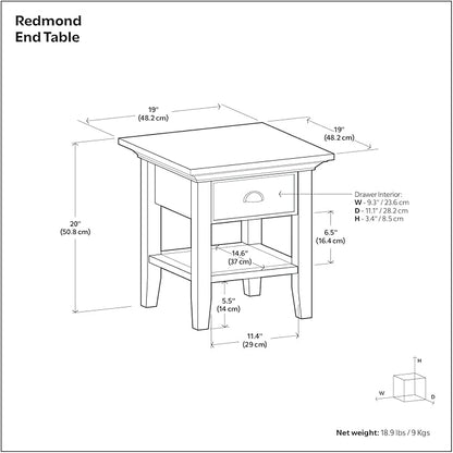 SIMPLIHOME Redmond SOLID WOOD 19 inch Wide Square Transitional End Side Table in Rustic Natural Aged Brown for the Living Room and Bedroom