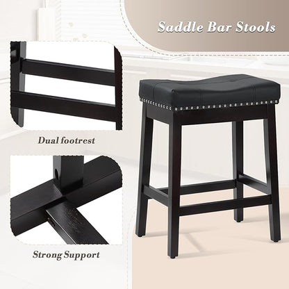 Athena Collection Bar Stools Set of 2, 25 Inches Counter Height Bar Stools Backless with Footrest, Leather Upholstered Saddle Barstools with Nailhead Trim for Home, Kitchen Island, Counter, Black
