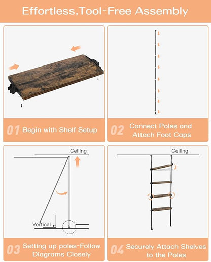 ALLZONE Adjustable Tall Narrow Bookshelf for Bedroom, 4-Tier Ladder Bookcase for Small Spaces, Tension Mount Tall Skinny Book Shelf with Open Storage, 64 to 113Inch Height