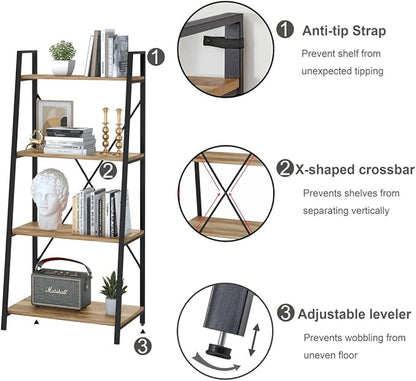 BON AUGURE Farmhouse Ladder Shelf Bookcase, 4 Tier Rustic Ladder Bookshelf, Standing Leaning Book Shelves for Living Room (Vintage Oak)