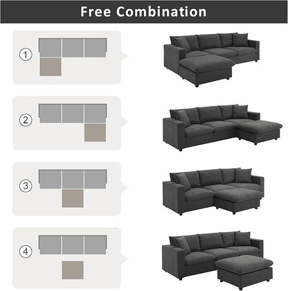 100" Modern Sectional Sofa with Convertible Ottoman,L-Shaped Couch Set W/ 2 Free Pillows,4-seat Polyester Fabric Indoor Luxury Furniture for Living Room, Apartment,Office,Dawn Grey