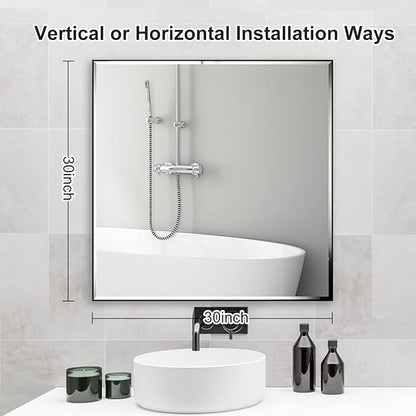 30x30 Inch Black Mirror with Beveled Trim, Aluminum Frame Bathroom Vanity Mirror, Copper-Free Mirror, Rectangle Wall Mounted Mirror, Modern Rectangular Mirror Horizontal or Vertical