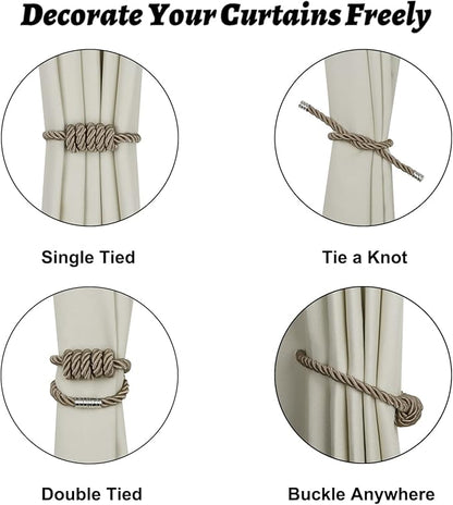 BEL AVENIR Magnetic Curtain Tiebacks, Decorative Drapery Holdbacks Modern Woven Tie-Backs with Exquisite Knot (Flaxen, 4 Pack)