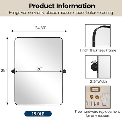 MOON MIRROR 20" x 28" Black Metal Framed Pivot Rectangle Bathroom Mirror, Tilting Rounded Rectangular Vanity Mirror for Wall Mounted Hangs Vertical only