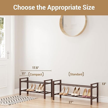Haddockway Bamboo Shoe Rack for Closet, Free Standing Shoe Organizer with Smooth Round Rods & Convenient Handles, Stackable Shoe Storage Shelf for Entryway, Hallway(Brown, 2-Tier(Small))