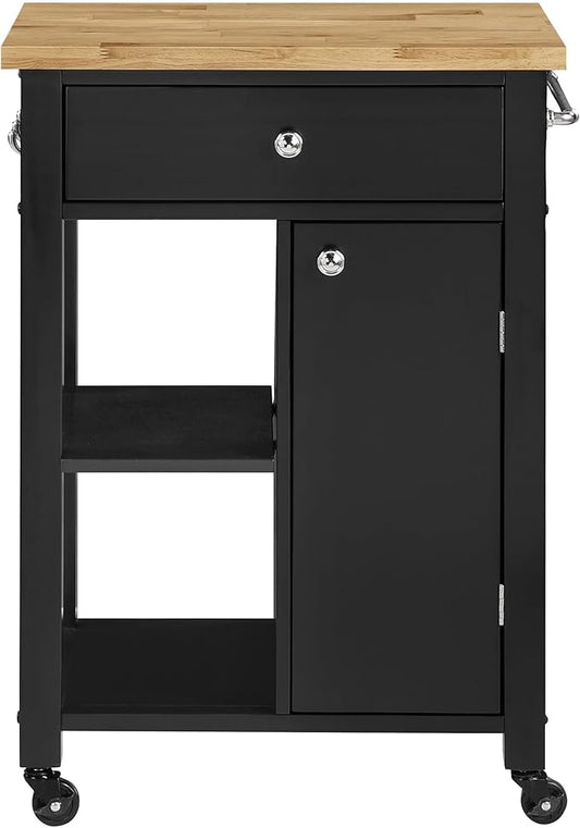 OSP Home Furnishings Derry Modern Farmhouse Kitchen Cart with Natural Butcher Block Top, Rolling Storage Cabinet with Drawer, Shelves, Hooks, Black Finish