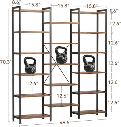 Casaottima Triple 6 Tier Bookshelf, Large Bookcase with 17 Open Display Shelves, Modern Industrial Book Shelves Book Case for Bedroom, Wide Standing Shelving Unit for Living Room Home Office, Vintage