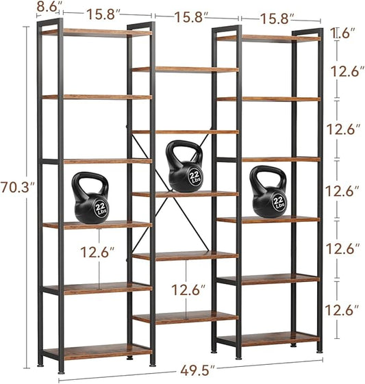 Casaottima Triple 6 Tier Bookshelf, Large Bookcase with 17 Open Display Shelves, Modern Industrial Book Shelves Book Case for Bedroom, Wide Standing Shelving Unit for Living Room Home Office, Vintage