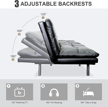 Vipbear Futon Sofa Bed Couch, 71" Convertible Sofa Bed, Space-Saving Loveseat with Adjustable Backrest & Armrest for Living Room,Apartment,Office,Black Sleeper Sofa