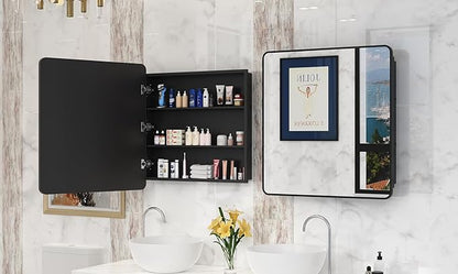 30x32 Inch Bathroom Medicine Cabinet with Mirror Black Metal Framed Mirror Cabinet Recessed or Surface Wall Mounted Medicine Cabinets for Bathroom