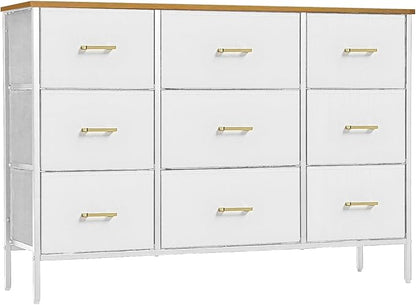 Wide TV Stand Modern TV Console, 9 Drawers Dresser for Bedroom, Fabric Storage Cabinet, Chest of Drawers for Closet, Nursery, Living Room（White）