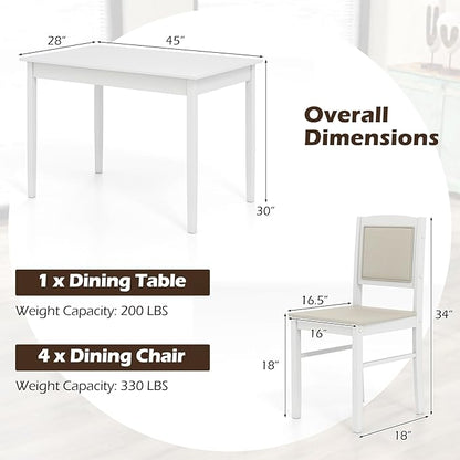 Giantex 5-Piece Dining Table Set for 4 - Breakfast Nook Table Set with Kitchen Table, 4 Upholstered Chairs, Wood Legs, Space-Saving Dinette Set, Kitchen Table Chairs Set of 4 (White+Beige)