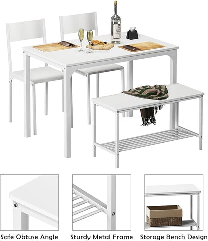 soges 4-Piece Dining Table Set with Bench - 4 Person Kitchen Table and 2 Chairs for Small Spaces, Apartment - Metal Frame & Woodgrain Tabletop, Space-Saving Design, Durable & Easy to Clean, White