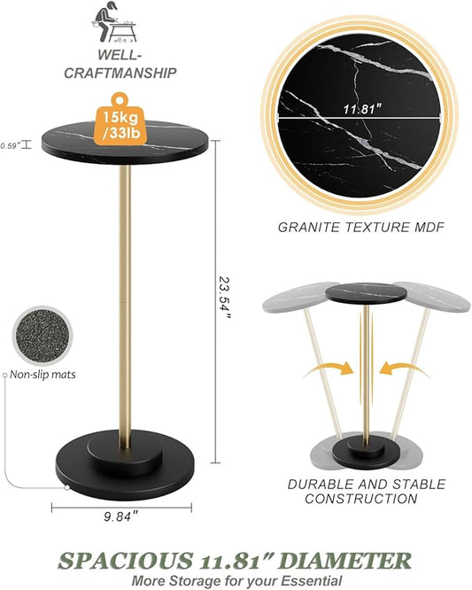 Round Side Table, Small Drink Table for Small Spaces, Modern Accent End Table Coffee Table with Metal Leg for Living Room, Bedroom, Corners, and Office (Black Marble)