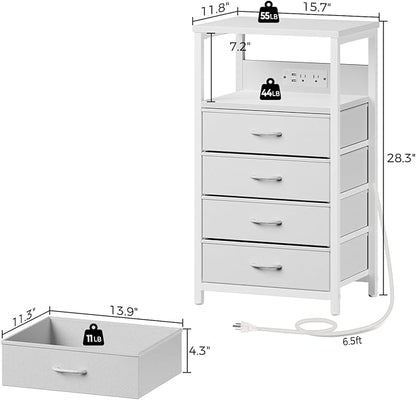Seventable Night Stand with Charging Station, Tall Nightstand with 4 Fabric Storage Drawers, Side Table with LED Light for Bedroom, Entryway, White, Set of 2