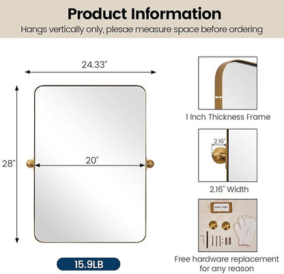 MOON MIRROR 20" x 28" Brushed Gold Metal Framed Pivot Rectangle Bathroom Mirror for Wall, Tilting Rounded Rectangular Vanity Mirror Hangs Vertical only