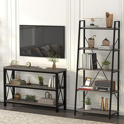 BON AUGURE 5-Tier Ladder Shelf, Industrial Leaning Bookcase, Wood and Metal Ladder Bookshelf for Living Room, Bedroom, Kitchen, Home Office (Grey Oak)