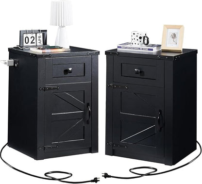 SOOWERY Nightstands Set of 2, Nightstand with Charging Station, Farmhouse End Table with Barn Door and Drawer, Rustic Wood Sofa Side Table for Bedroom, Living Room, Black