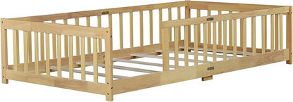 Bellemave Twin Floor Bed with Slats and Safety Guardrails, Kids Montessori Floor Beds with Fence and Without Door, Easy Assemble Floor Bed for Kids, Girls, Boys, Natural