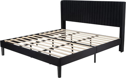 Allewie King Size Velvet Bed Frame/Vertical Channel Tufted Wingback Headboard/Upholstered Platform Bed/Strong Wooden Slats/No Box Spring Needed/Easy Assembly/Black