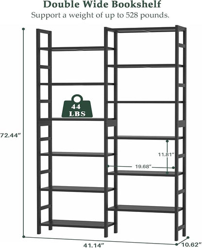 Homykic Double Wide Bamboo Bookshelf Black, 6-Tier Large Open Bookcase with 12 Display Shelves, 6ft Tall Freestanding Book Shelf for Home Office, Bedroom, Living Room, Plants