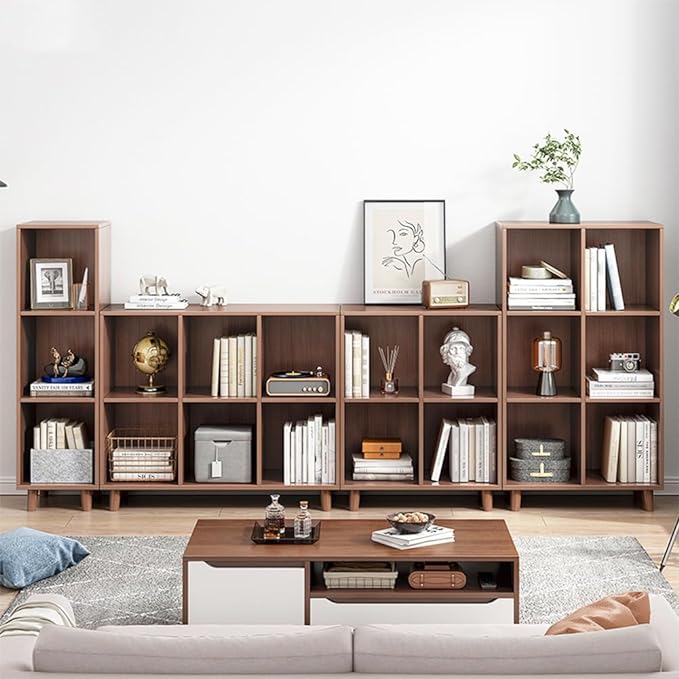 IOTXY Open Cube Low Bookcase - 3-Tier Freestanding Storage Display Cabinet Organizer with Legs for Home Office, 9-Cubes Open Shelf Short Bookshelf, Walnut