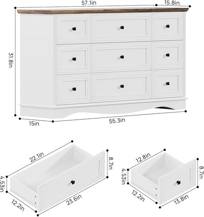 57" Wooden Dresser with 9 Drawers, Modern Farmhouse Furniture Organizer, Chest of Drawers with Rustic Top, Bedroom Storage Cabinet for Clothes, Accessories, Living Room, or Entryway, White