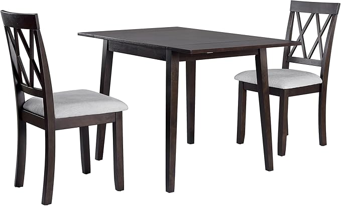 Merax Farmhouse Wooden Dining Set of 3, 45.6 inch Extendable Kitchen Table with Drop Leaf, 2 Chairs with Backrest for Small Space, Easy Assemble Espresso